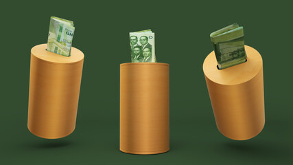 Ghanaian cedi money note folded inside cylindrical wooden savings box slot. set of savings concept. Generic Piggy Bank, Penny Bank, Money Box