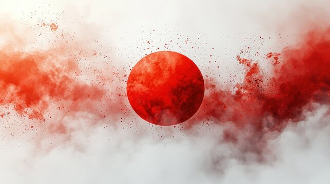 Red sun disk in fiery clouds, abstract background, digital art