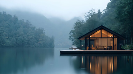 Fototapeta premium Lakeside modern cabin, misty mountains, tranquil evening
