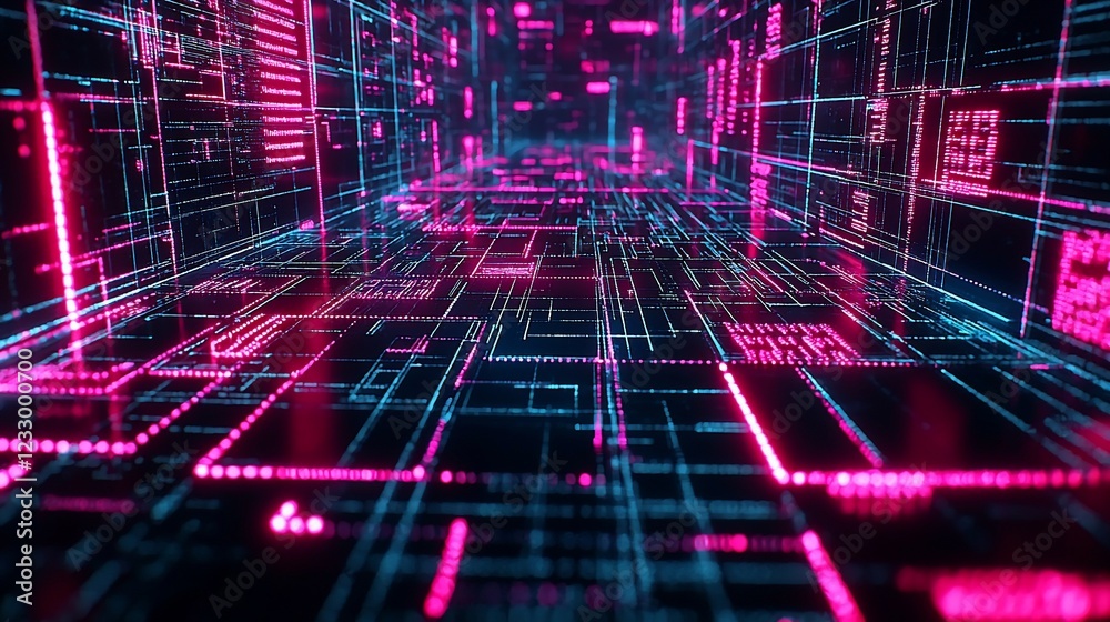 Poster Abstract Digital Corridor Showing Neon Lines and Data Streams