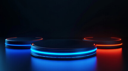 dark product showcase stand presentation podium with blue and orange red laser neon light and cyber punk design 3d render illustration