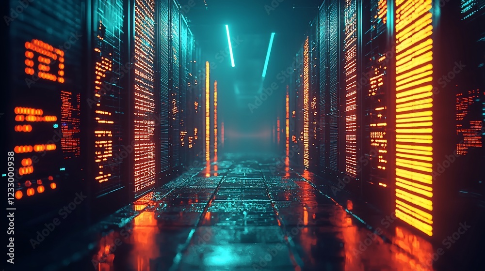 Poster Illuminated Server Racks Corridor Digital Data Center
