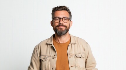 Obraz premium portrait of a man with glasses and a beard wearing a beige jacket