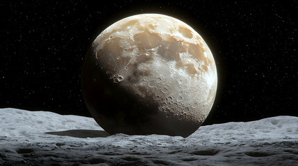 Lunar landscape, full moon rising over cratered surface, night sky, space exploration imagery