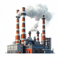 Massive factory with tall chimneys releasing smoke and loud industrial sounds, isolated on a clean white background