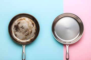 Dirty vs. clean stainless steel frying pans on a pastel background, highlighting the results effective cleaning.