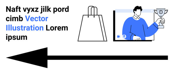 Shopping bag, person holding trophy in video call, text blocks, and large arrow pointing left. Ideal for e-commerce, online achievements, digital marketing, direction guidance, web design