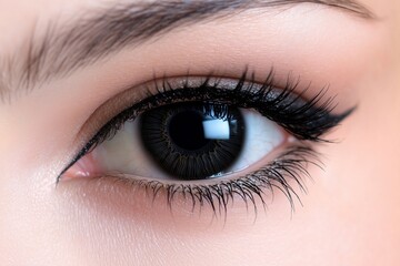 Obraz premium Ultra-sharp close-up of a woman's eye with a deep black iris, capturing the fine details of the surrounding skin and eyelashes, shot in