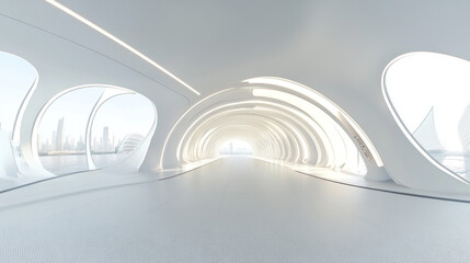 Obraz premium 360 panorama view in modern white empty futuristic technology concept tunnel hallway interior 3d render illustration hdri hdr vr style