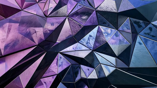 An abstract pattern of geometric shards in shades of purple and blue, creating a reflective, crystal-like surface with intricate details.