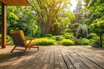 Obraz premium Modern terrace with wooden floor and furniture on amazing green jungle background