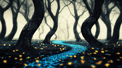Naklejka premium Twisted Trees in Enigmatic Forest with Glowing Blue Stream