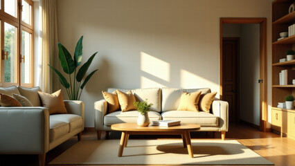 Living Room with a Cozy Sofa, Green Plants, and Beautiful Beige and White Décor