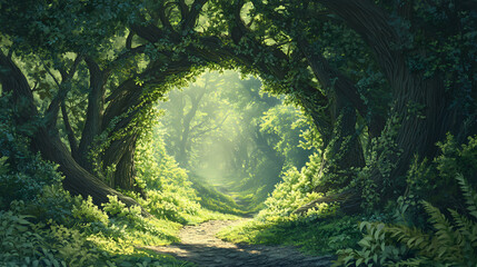 A natural archway formed by intertwining branches in a lush forest setting. Serene Archway. Illustration