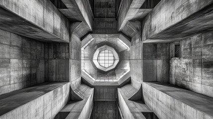 dark abstract concrete and soldered metal steel hangar hall industrial design 3d rendering