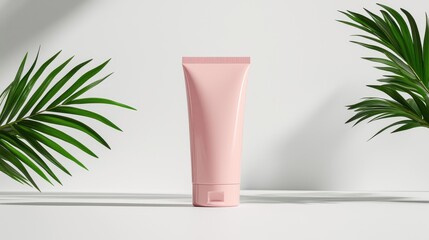 Pink Cosmetic Tube on White Background with Green Leaves Surrounding