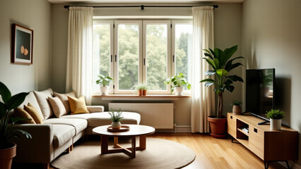 Fototapeta premium Living Room in a Neutral Palette with Green Plants, a Sofa, and Sleek Décor