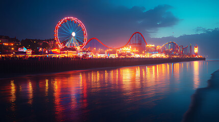 Obraz premium Illuminated seaside amusement park at night, reflecting in water