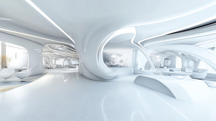 futuristic abstract white technology concept science fiction design building interior 3d render illustation hdr vr style