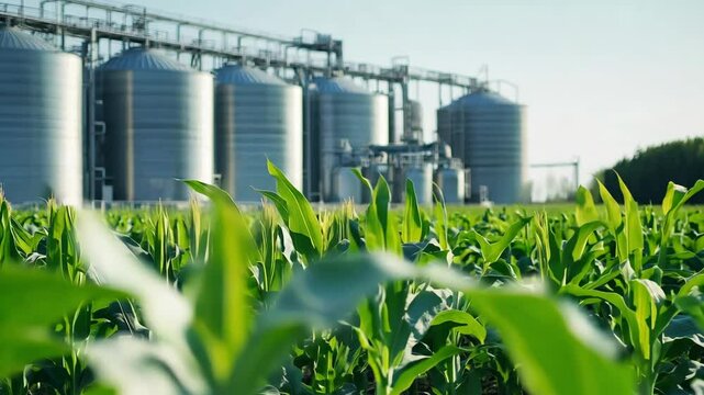 Green corn plants stretch toward the sky with metallic silos in the background, concept of biofuel production