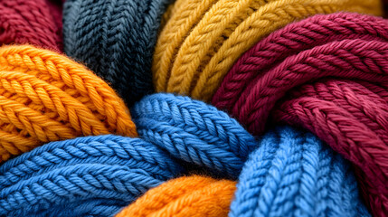 Colorful yarn strands intertwined, close-up texture, craft background, textile design