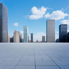 Fototapeta premium empty city square with modern skyscrapers and blue sky background