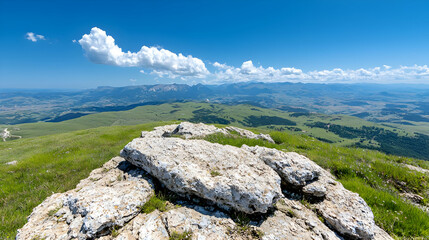 Mountaintop panorama, summer sky, grassy peak, distant valleys