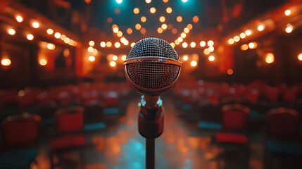 Stage microphone, theater, audience, lights, performance, event, music, concert, spotlight, show