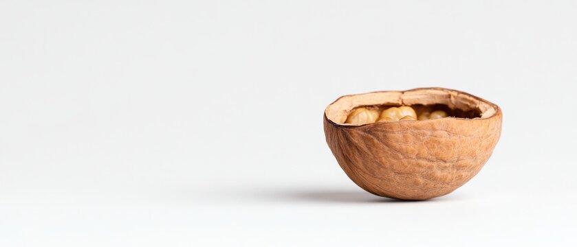 half a walnut shell on a white background