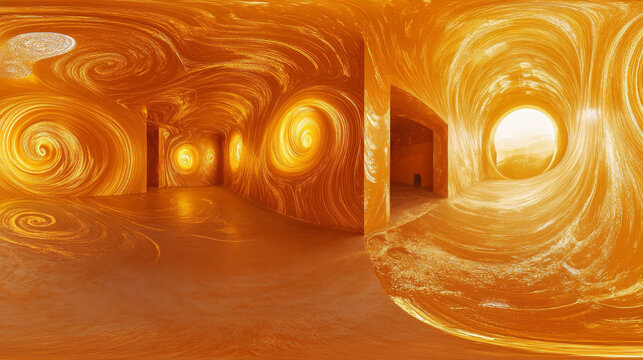 Abstract wall with golden swirls in a warm orange studio 360 panorama vr environment map. 3D Illustration
