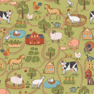 Farm animals seamless pattern. Cute cartoon farm animals background. Vector illustration.