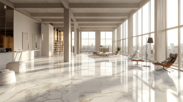 360 panorama spherical view of big room loft office with marble floor and sun lighting 3d render illustration hdri hdr vr style