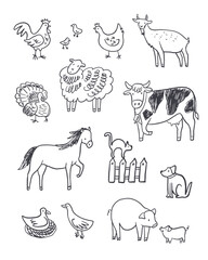 Farm animals  cartoon vector illustrations line set.