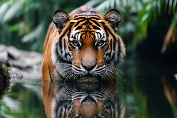 Portrait of a tiger standing on the bank of a calm river. Tiger standing on the surface of the water looking at the camera.