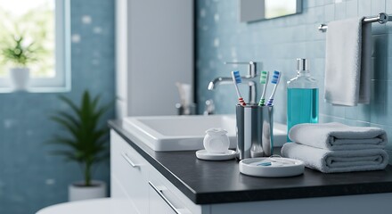 Modern bathroom with sink, countertop, towels, toothbrush, toothpaste, dental floss, toothbrush holder.  Bathroom accessories.