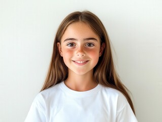 portrait of a smiling young girl with freckles on a white background