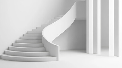 Obraz premium empty white wall in concrete basement with staircase podium 3d render illustration