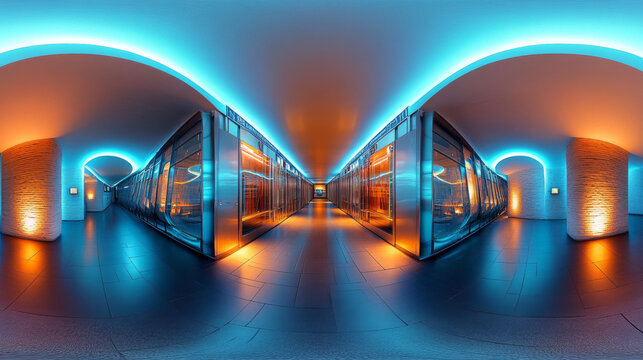 Fototapeta 360 spherical panorama environment map of abstract futuristic geometry hall with metallic surface and warm and blue lighting 3d render illustration hdri hdr vr content