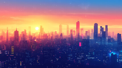 Fototapeta premium Cityscape at dawn: a vibrant urban panorama. Shaded Horizon. Illustration