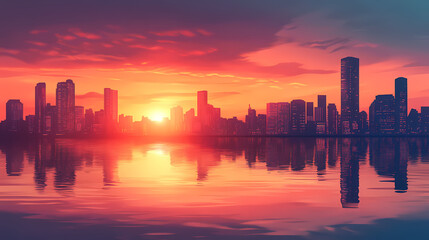 Cityscape sunset reflected in calm water. Shaded Horizon. Illustration