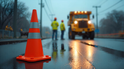Road construction site with traffic cone, dump truck, and workers in high-visibility gear on wet pavement after rain