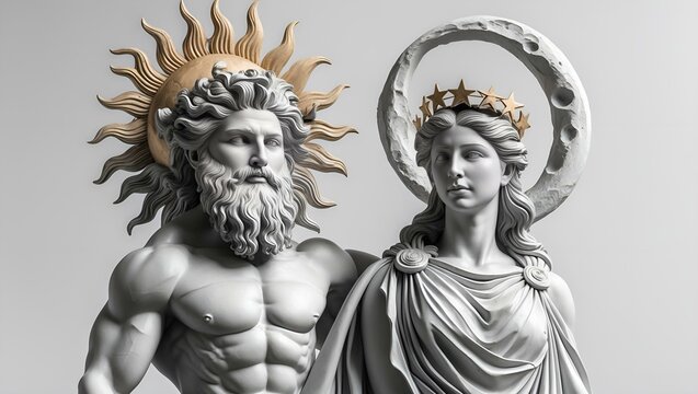 Zeus and Hera sculptures with sun and moon elements, classic style, detailed design, copy space
