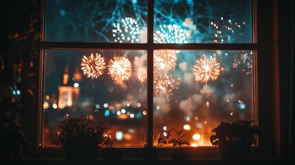 Obraz premium A cozy indoor view of vibrant fireworks through a window, symbolizing celebration, joy, and festivity.