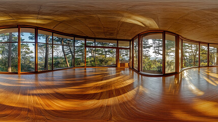 full 360 panorama shot of modern open building interior with forest view 3d render illustration hdri hdr vr style