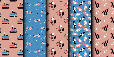 Fototapeta premium Set of birthday vector seamless pattern. Happy Birthday. Birthday symbols background. Bright colorful seamless birthday pattern with cakes, gifts and party symbols. Modern blue and brown design.