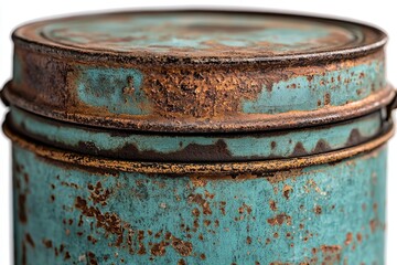 Rusty teal storage tin close-up on white background for vintage look