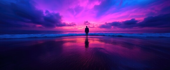 Solitary figure on beach, vibrant sunset, ocean waves. Peaceful travel postcard