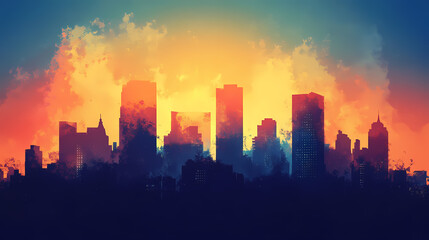 Silhouetted city skyline against a vibrant sunset background with shades of orange and blue. Shaded Horizon. Illustration