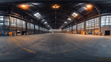 Naklejka premium Full spherical hdri panorama 360 degrees of empty industrial hall building 3D render illustration hdri hdr vr style