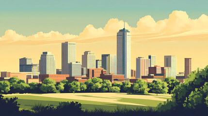 Fototapeta premium Tulsa oklahoma city skyline view a summer day. Shaded Horizon. Illustration